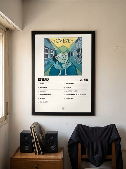 Póster de xCVE7Ex de CA7RIEL enmarcado en una pared
