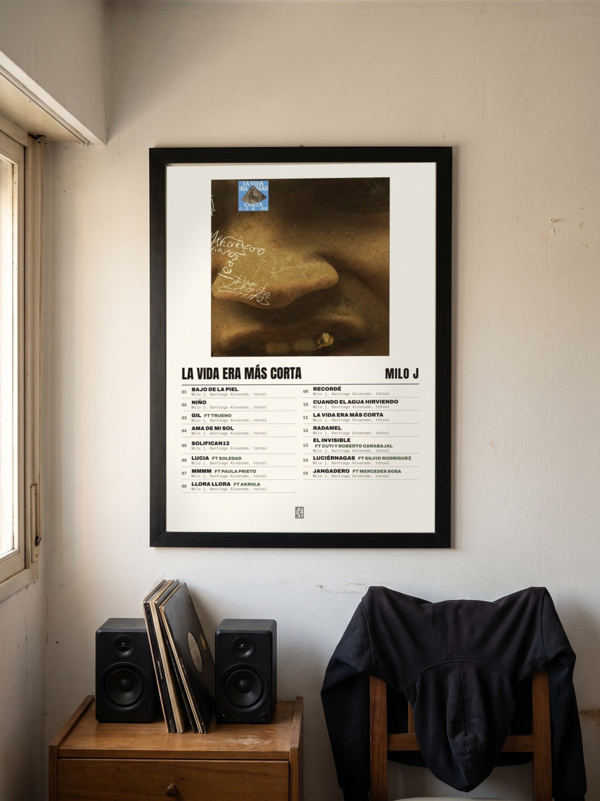 Póster de La Vida Era Más Corta de Milo j enmarcado en una pared