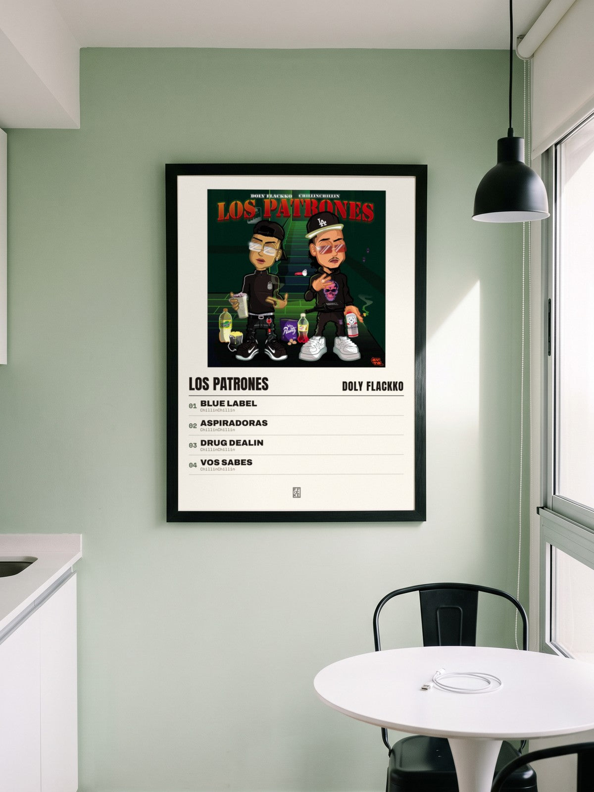 Póster de Los Patrones de Doly Flackko enmarcado en una pared