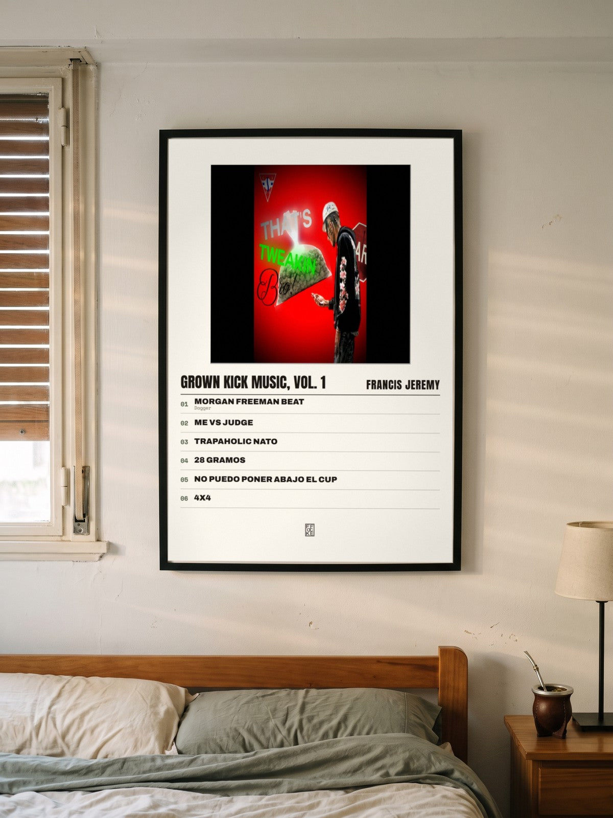 Póster de GROWN KICK MUSIC, Vol. 1 de Francis Jeremy enmarcado en una pared