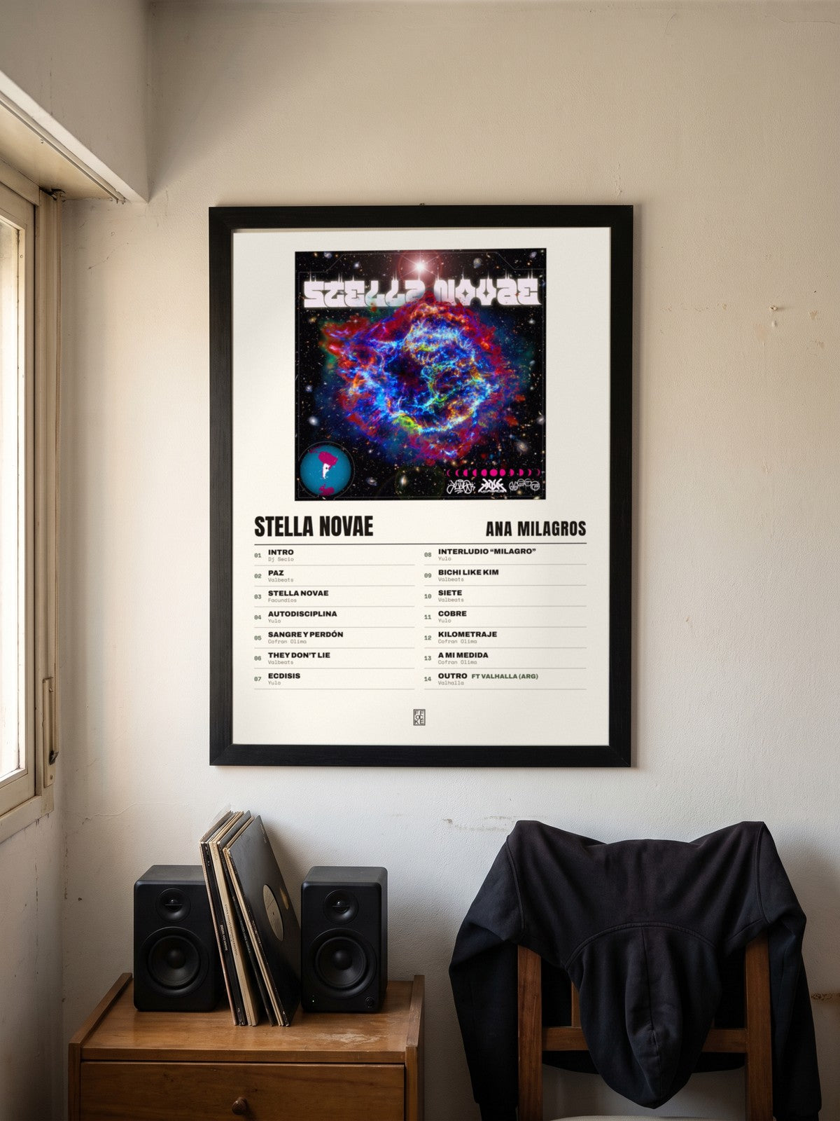Póster de Stella Novae de Ana Milagros enmarcado en una pared