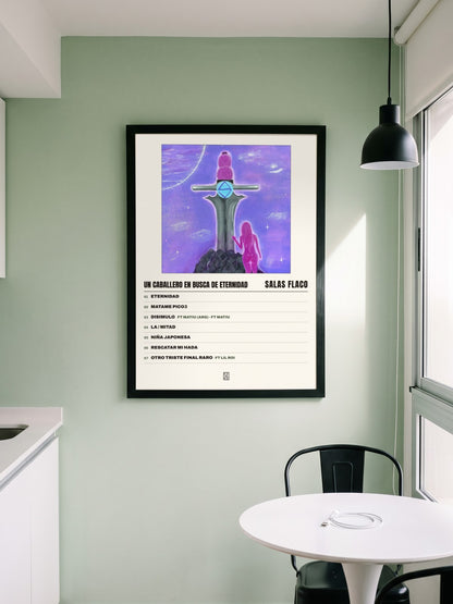 Póster de Un Caballero en Busca de Eternidad de Salas Flaco enmarcado en una pared