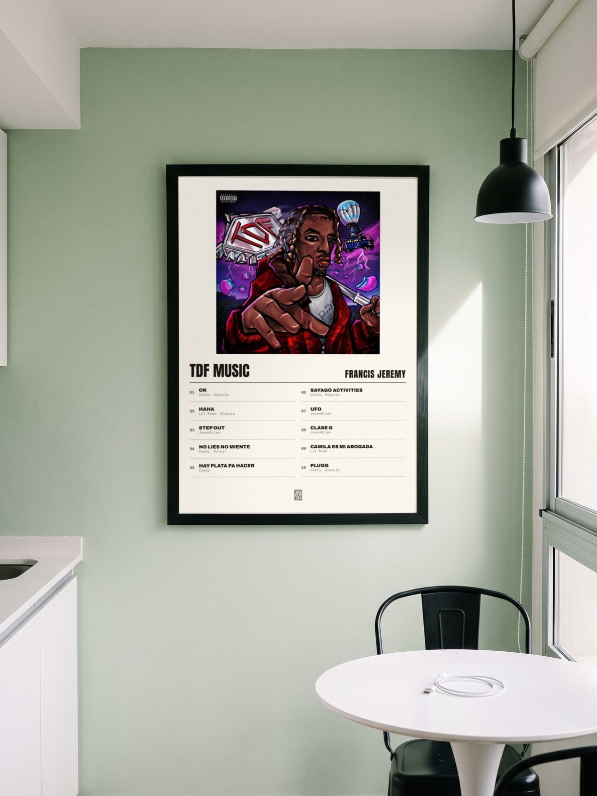 Póster de TDF MUSIC de Francis Jeremy enmarcado en una pared