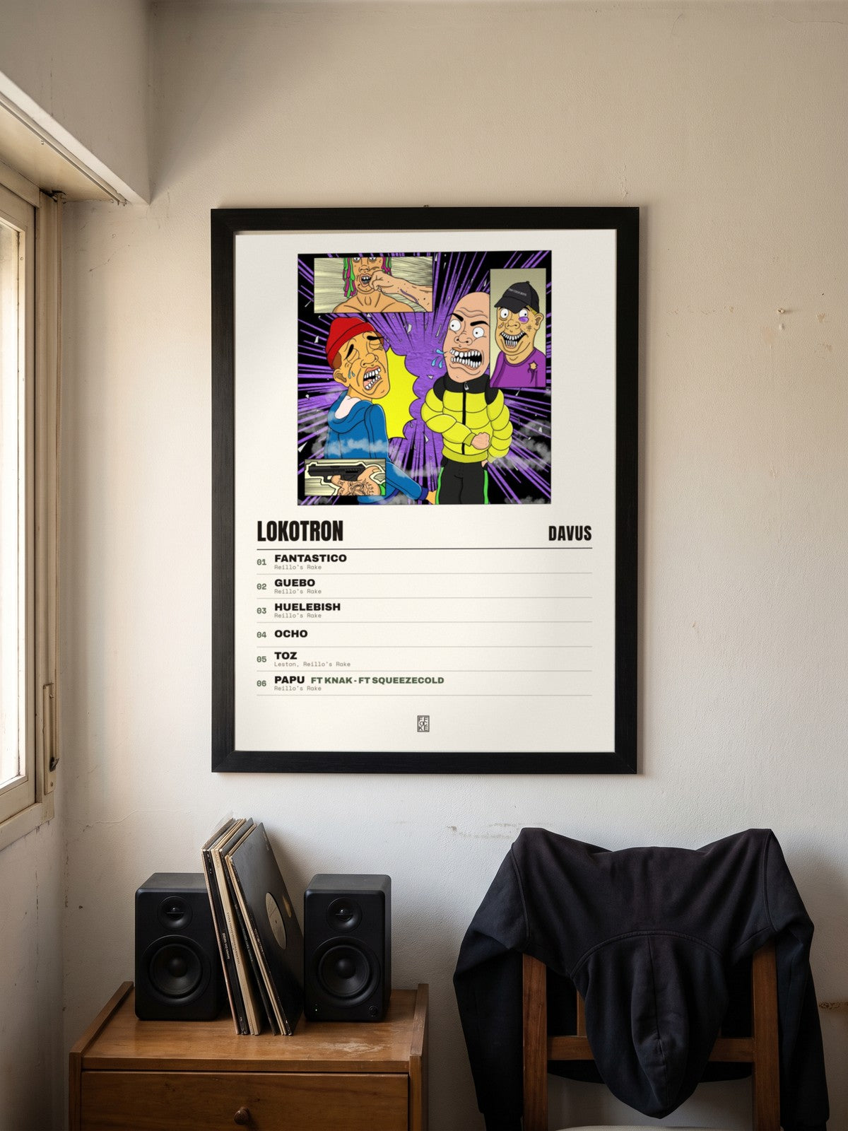 Póster de LOKOTRON de Davus enmarcado en una pared