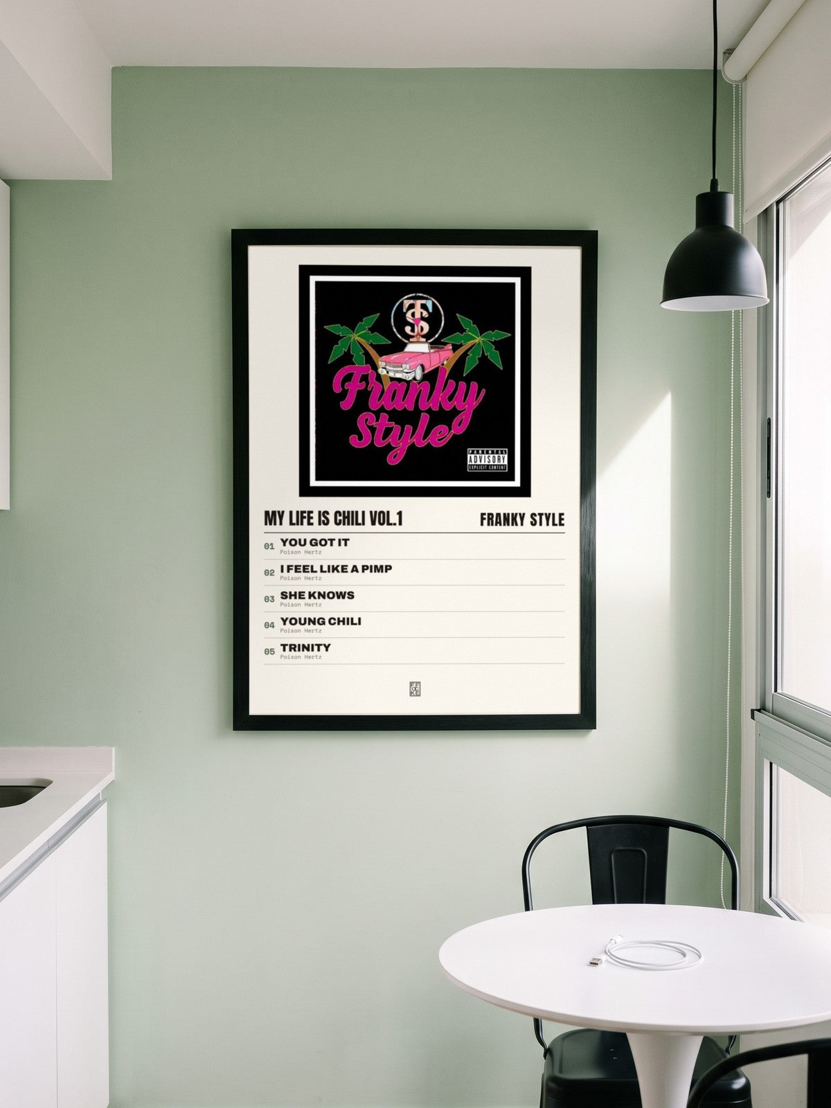 Póster de My Life Is Chili Vol.1 de Franky Style enmarcado en una pared