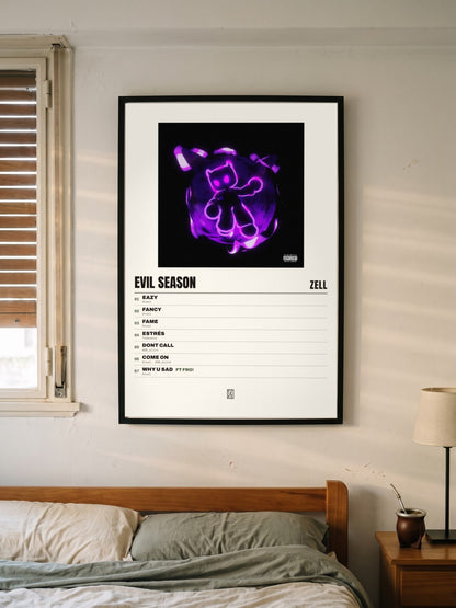 Póster de Evil Season de Zell enmarcado en una pared
