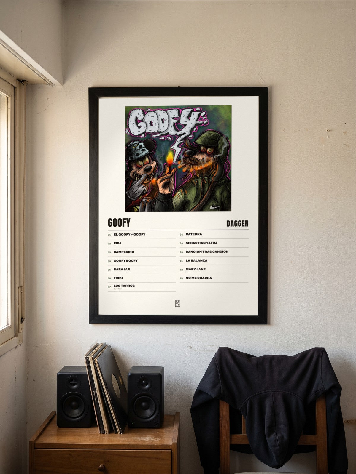 Póster de Goofy de Dagger enmarcado en una pared