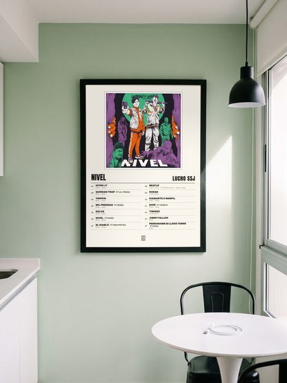 Póster de Nivel de Lucho SSJ enmarcado en una pared