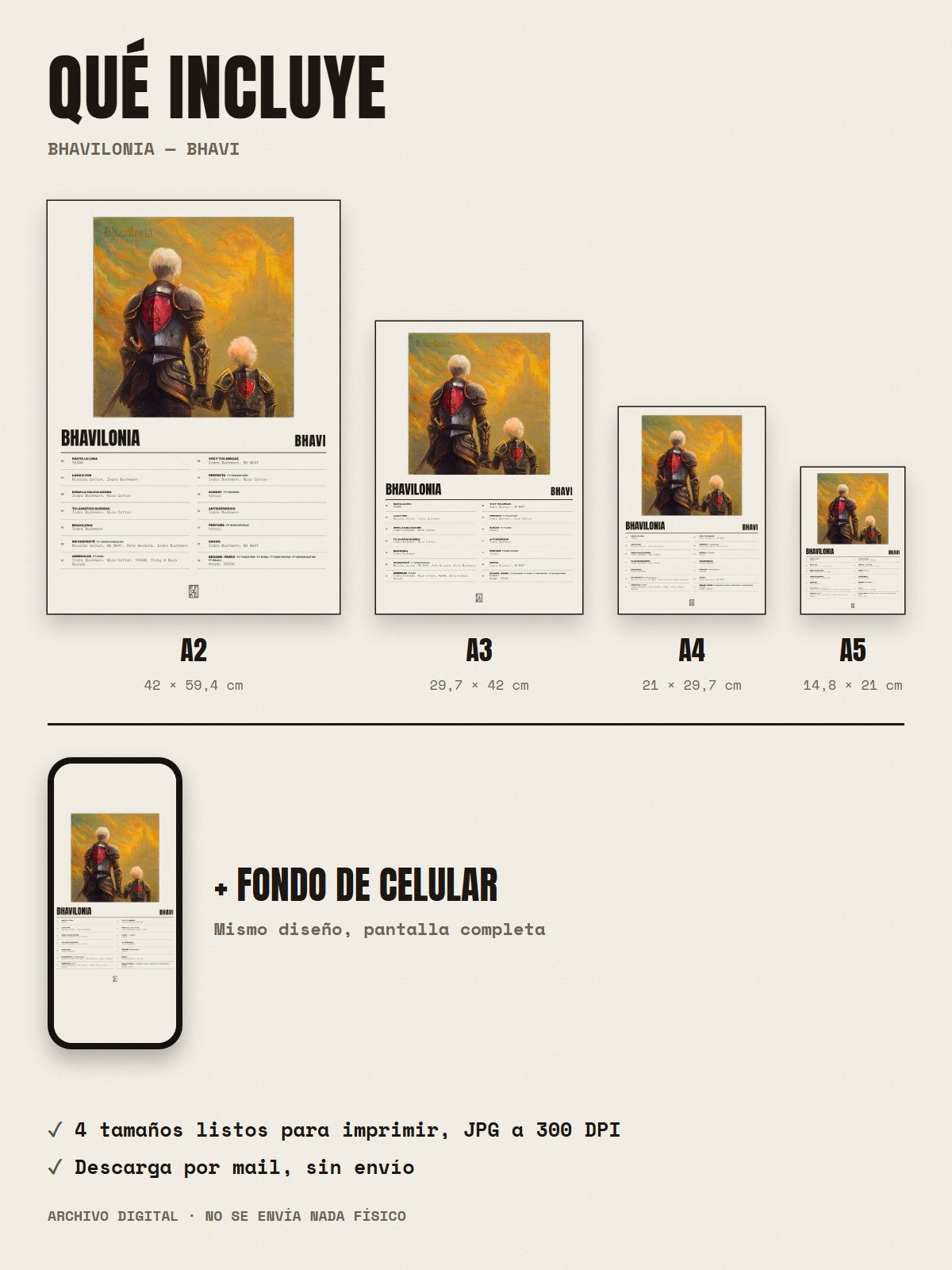 Qué incluye el póster de BHAVILONIA de Bhavi: A2, A3, A4, A5 y fondo de celular