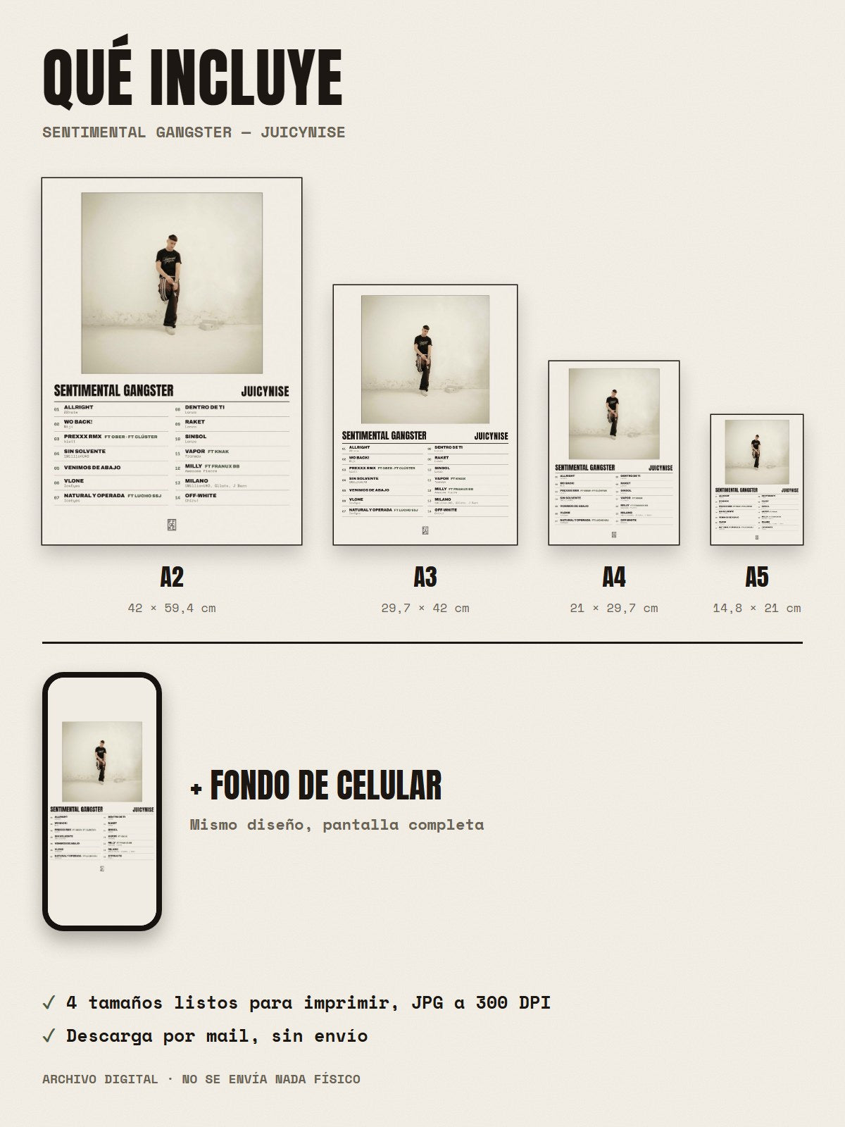 Qué incluye el póster de Sentimental Gangster de JuicyNise: A2, A3, A4, A5 y fondo de celular