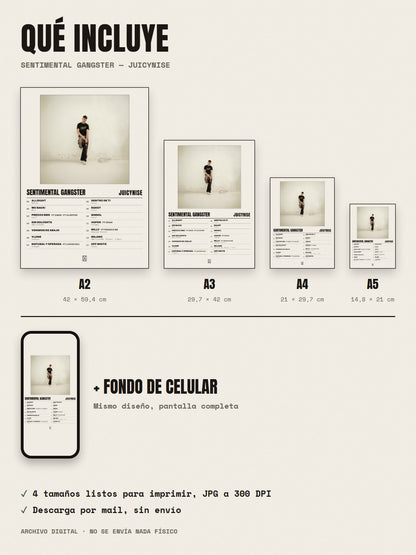 Qué incluye el póster de Sentimental Gangster de JuicyNise: A2, A3, A4, A5 y fondo de celular