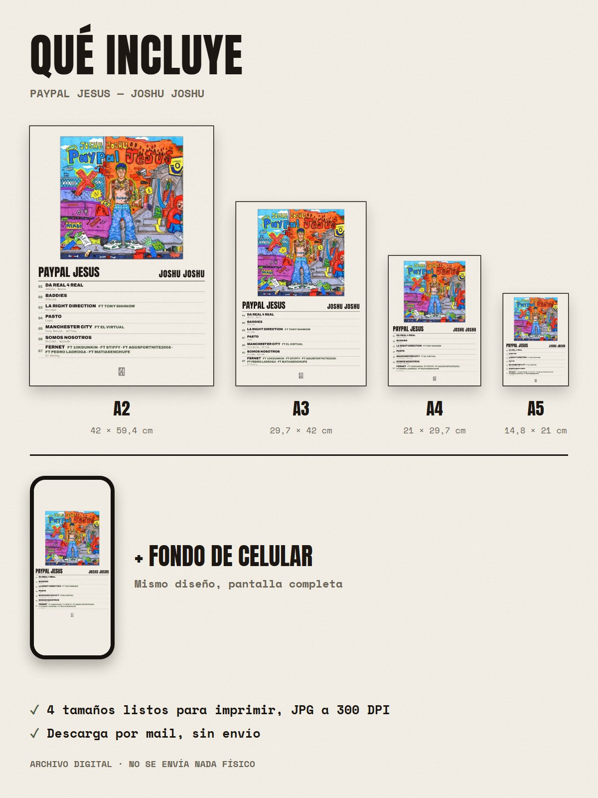 Qué incluye el póster de PAYPAL JESUS de Joshu Joshu: A2, A3, A4, A5 y fondo de celular