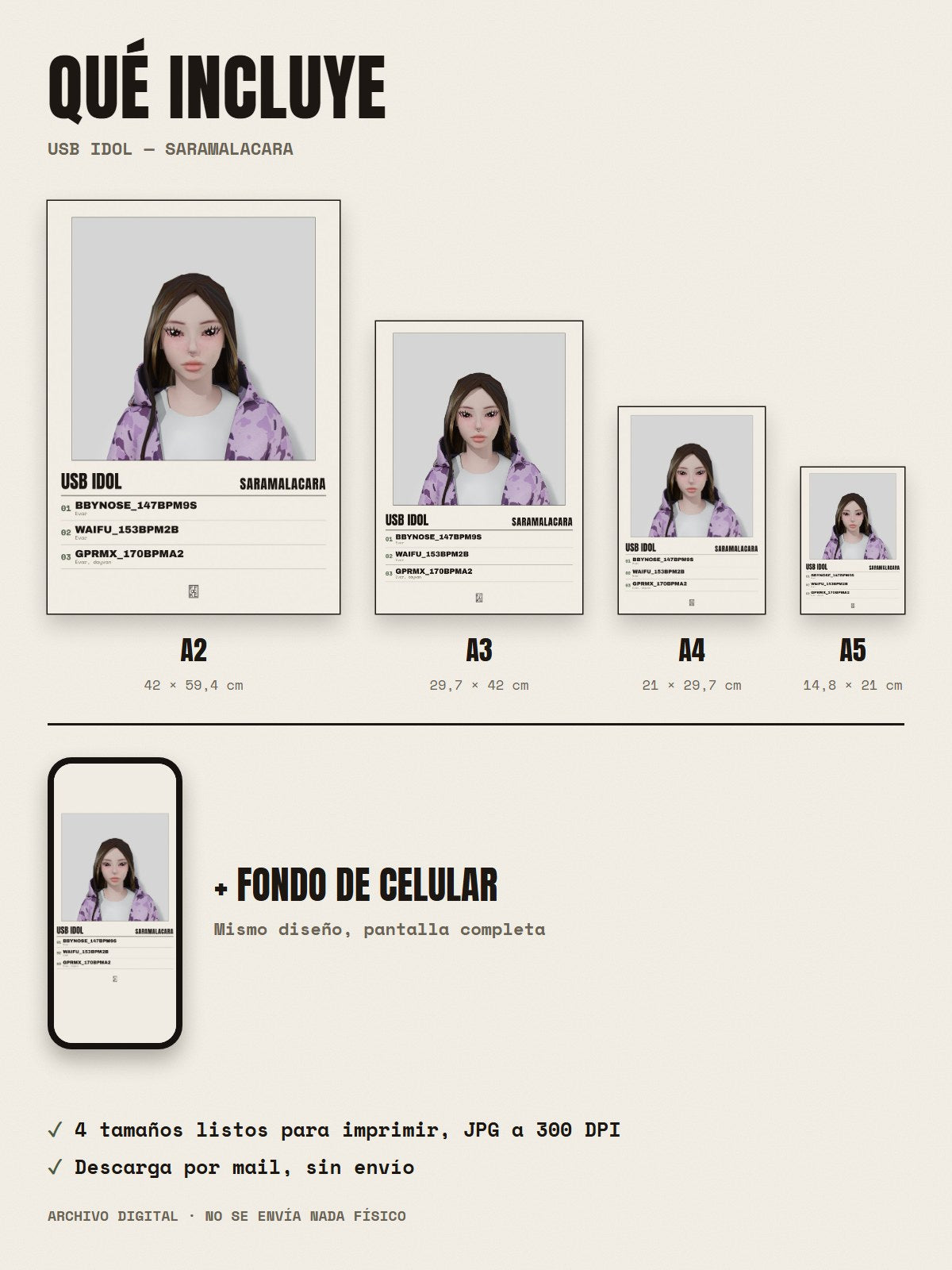 Qué incluye el póster de USB IDOL de Saramalacara: A2, A3, A4, A5 y fondo de celular