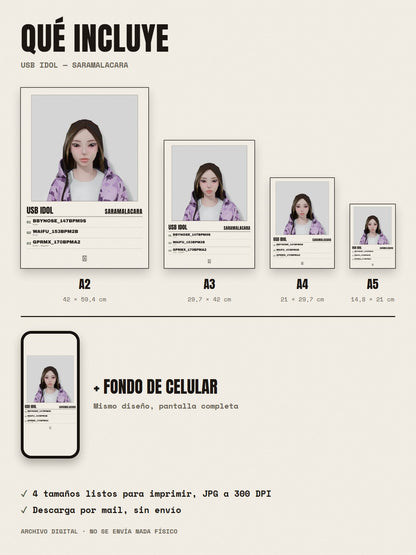 Qué incluye el póster de USB IDOL de Saramalacara: A2, A3, A4, A5 y fondo de celular