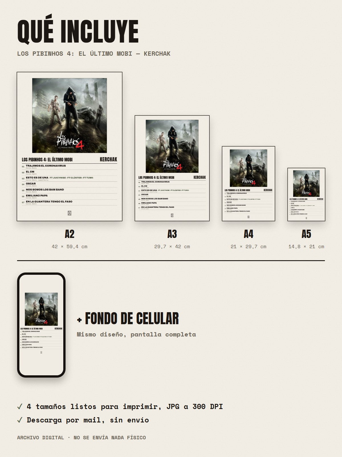 Qué incluye el póster de Los Pibinhos 4: El Último Mobi de KERCHAK: A2, A3, A4, A5 y fondo de celular