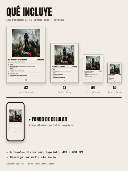 Qué incluye el póster de Los Pibinhos 4: El Último Mobi de KERCHAK: A2, A3, A4, A5 y fondo de celular