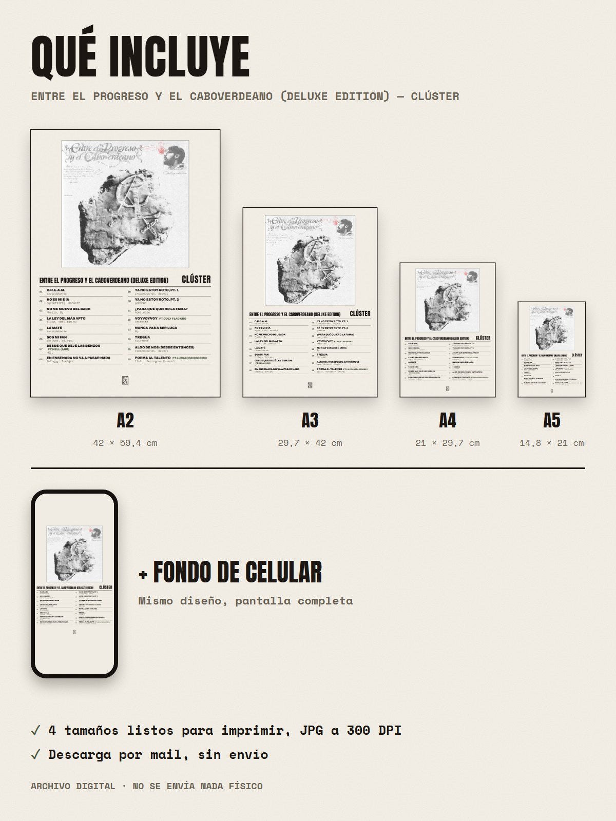 Qué incluye el póster de Entre el Progreso y el Caboverdeano (Deluxe Edition) de Clúster: A2, A3, A4, A5 y fondo de celular