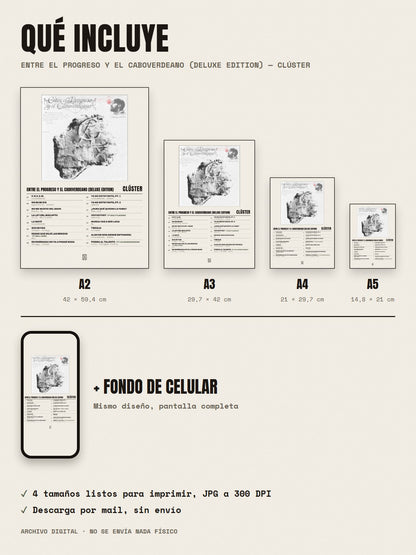 Qué incluye el póster de Entre el Progreso y el Caboverdeano (Deluxe Edition) de Clúster: A2, A3, A4, A5 y fondo de celular