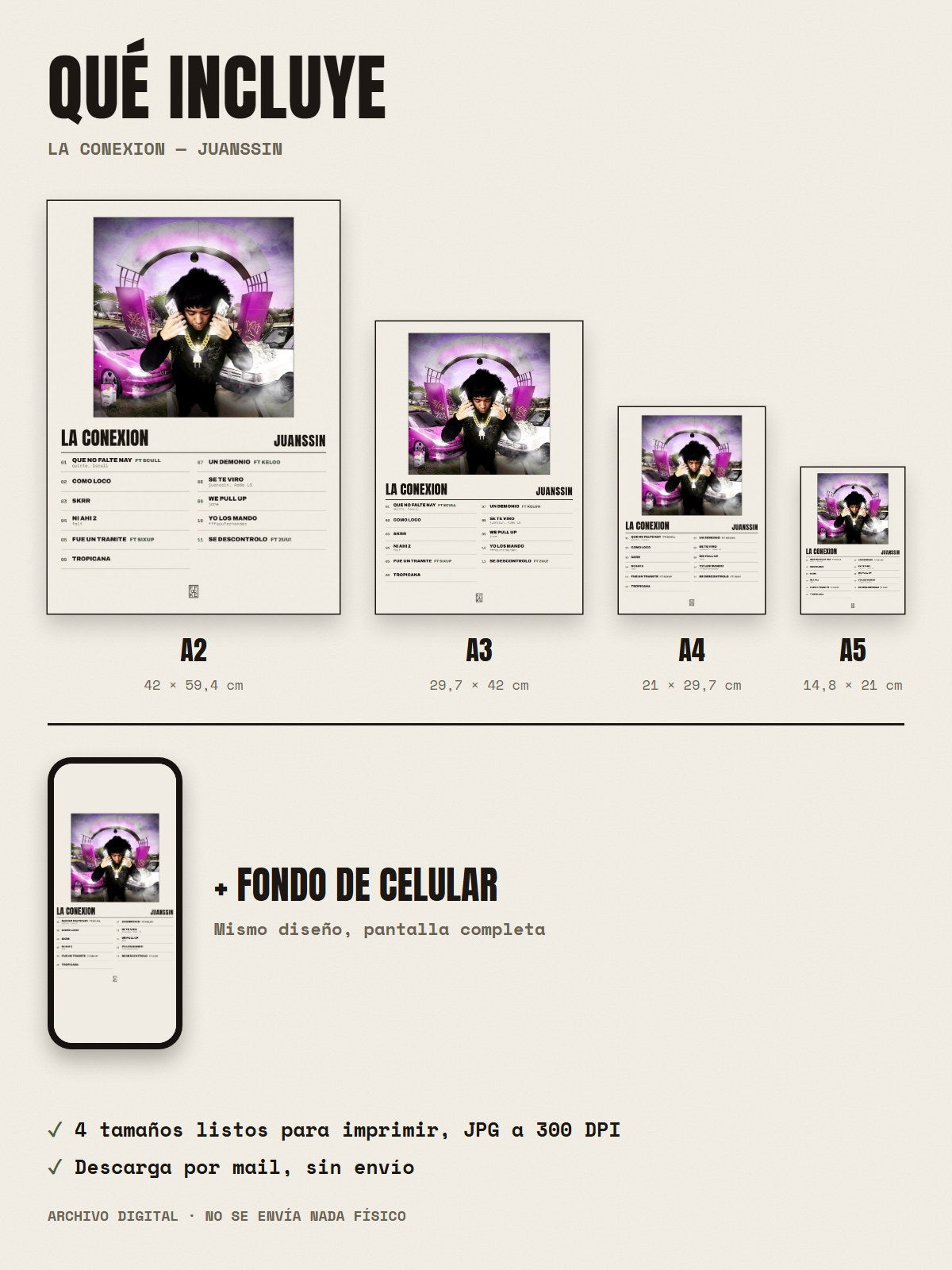 Qué incluye el póster de La Conexion de juanssin: A2, A3, A4, A5 y fondo de celular