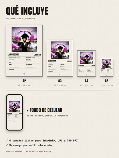 Qué incluye el póster de La Conexion de juanssin: A2, A3, A4, A5 y fondo de celular