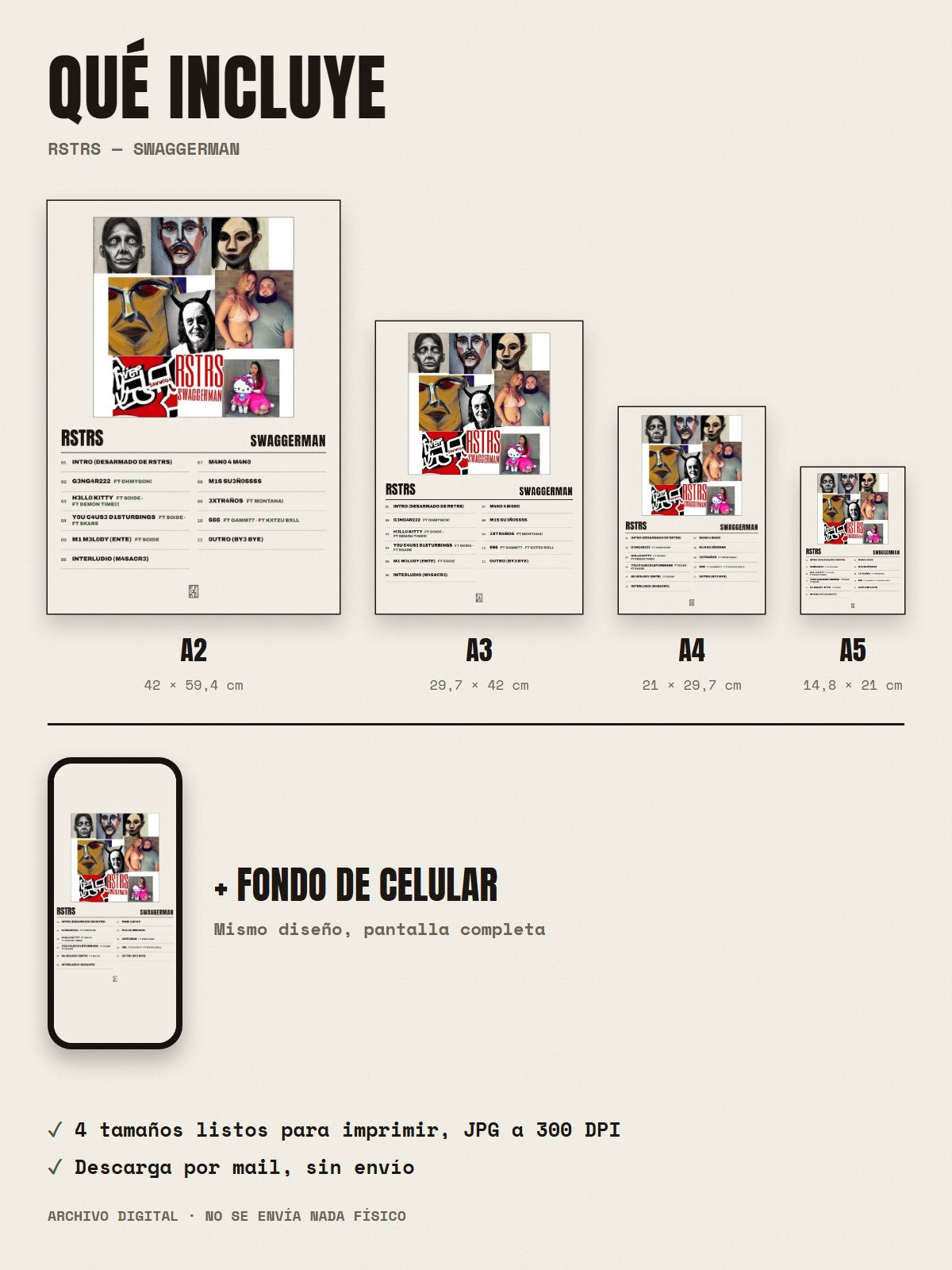 Qué incluye el póster de RSTRS de swaggerman: A2, A3, A4, A5 y fondo de celular
