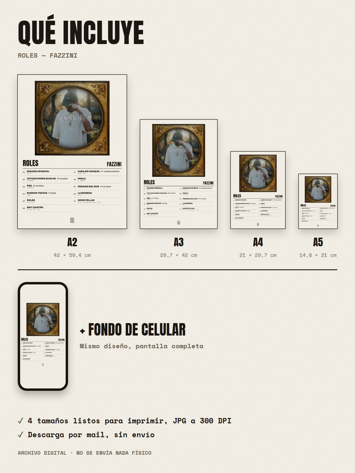 Qué incluye el póster de Roles de Fazzini: A2, A3, A4, A5 y fondo de celular
