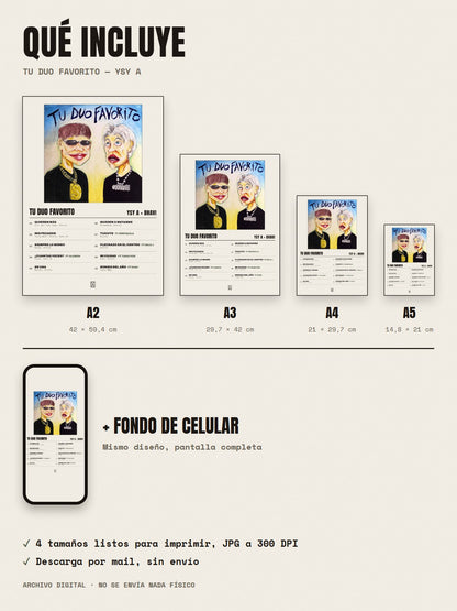 Qué incluye el póster de TU DUO FAVORITO de YSY A × Bhavi: A2, A3, A4, A5 y fondo de celular
