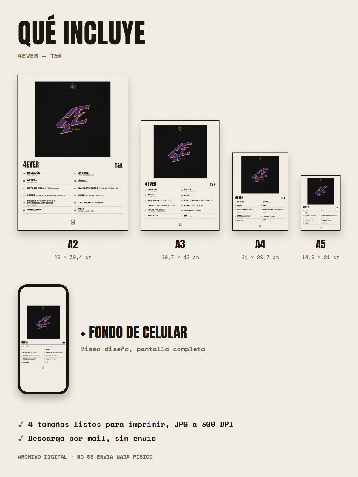 Qué incluye el póster de 4EVER de T&K: A2, A3, A4, A5 y fondo de celular