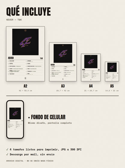 Qué incluye el póster de 4EVER de T&K: A2, A3, A4, A5 y fondo de celular