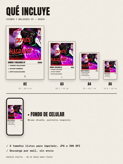 Qué incluye el póster de CRIMEN Y MALDADES EP de Bebox: A2, A3, A4, A5 y fondo de celular