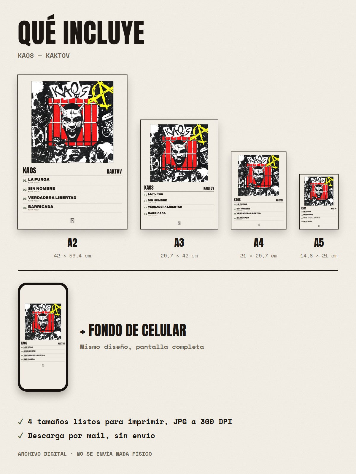 Qué incluye el póster de Kaos de KAKTOV: A2, A3, A4, A5 y fondo de celular