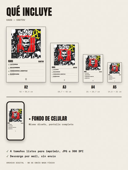 Qué incluye el póster de Kaos de KAKTOV: A2, A3, A4, A5 y fondo de celular