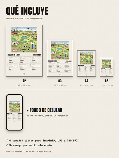 Qué incluye el póster de MUSICA EN SERIO de turrobaby: A2, A3, A4, A5 y fondo de celular