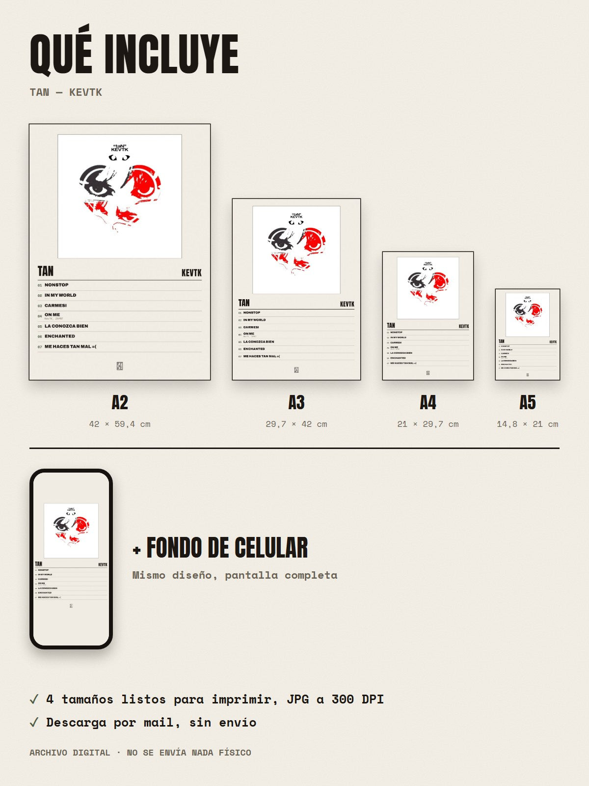 Qué incluye el póster de taN de KevTK: A2, A3, A4, A5 y fondo de celular
