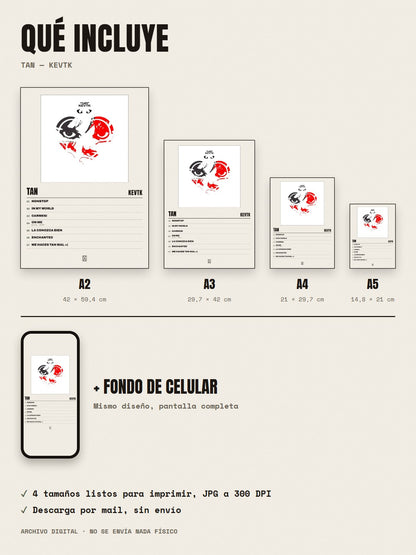 Qué incluye el póster de taN de KevTK: A2, A3, A4, A5 y fondo de celular