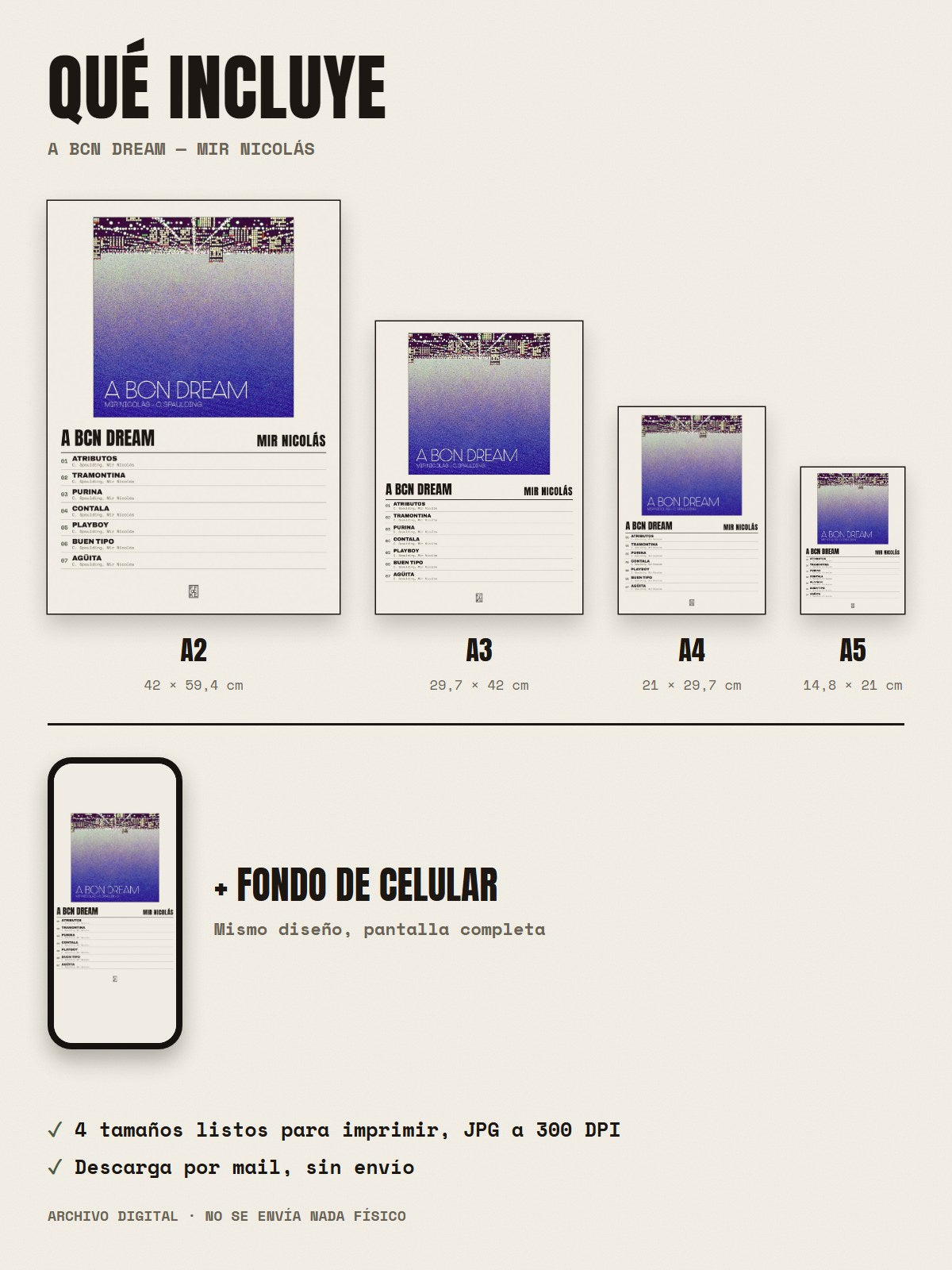 Qué incluye el póster de A BCN DREAM de Mir Nicolás: A2, A3, A4, A5 y fondo de celular
