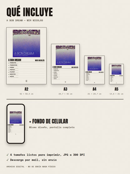 Qué incluye el póster de A BCN DREAM de Mir Nicolás: A2, A3, A4, A5 y fondo de celular