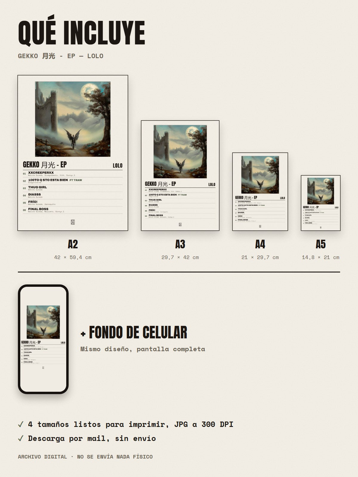 Qué incluye el póster de Gekko 月光 - EP de LoLo: A2, A3, A4, A5 y fondo de celular