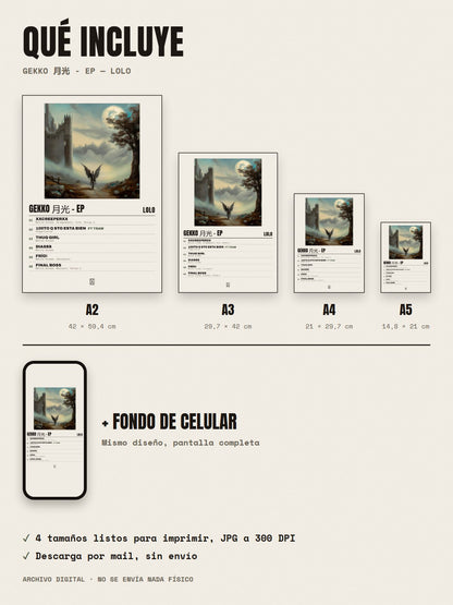 Qué incluye el póster de Gekko 月光 - EP de LoLo: A2, A3, A4, A5 y fondo de celular