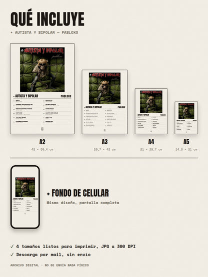Qué incluye el póster de + autista y bipolar de pabloxo: A2, A3, A4, A5 y fondo de celular
