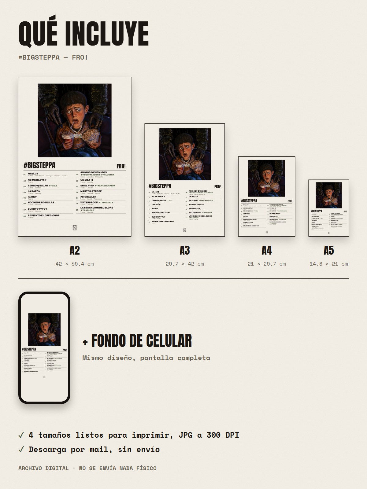 Qué incluye el póster de #bigsteppa de FRO!: A2, A3, A4, A5 y fondo de celular