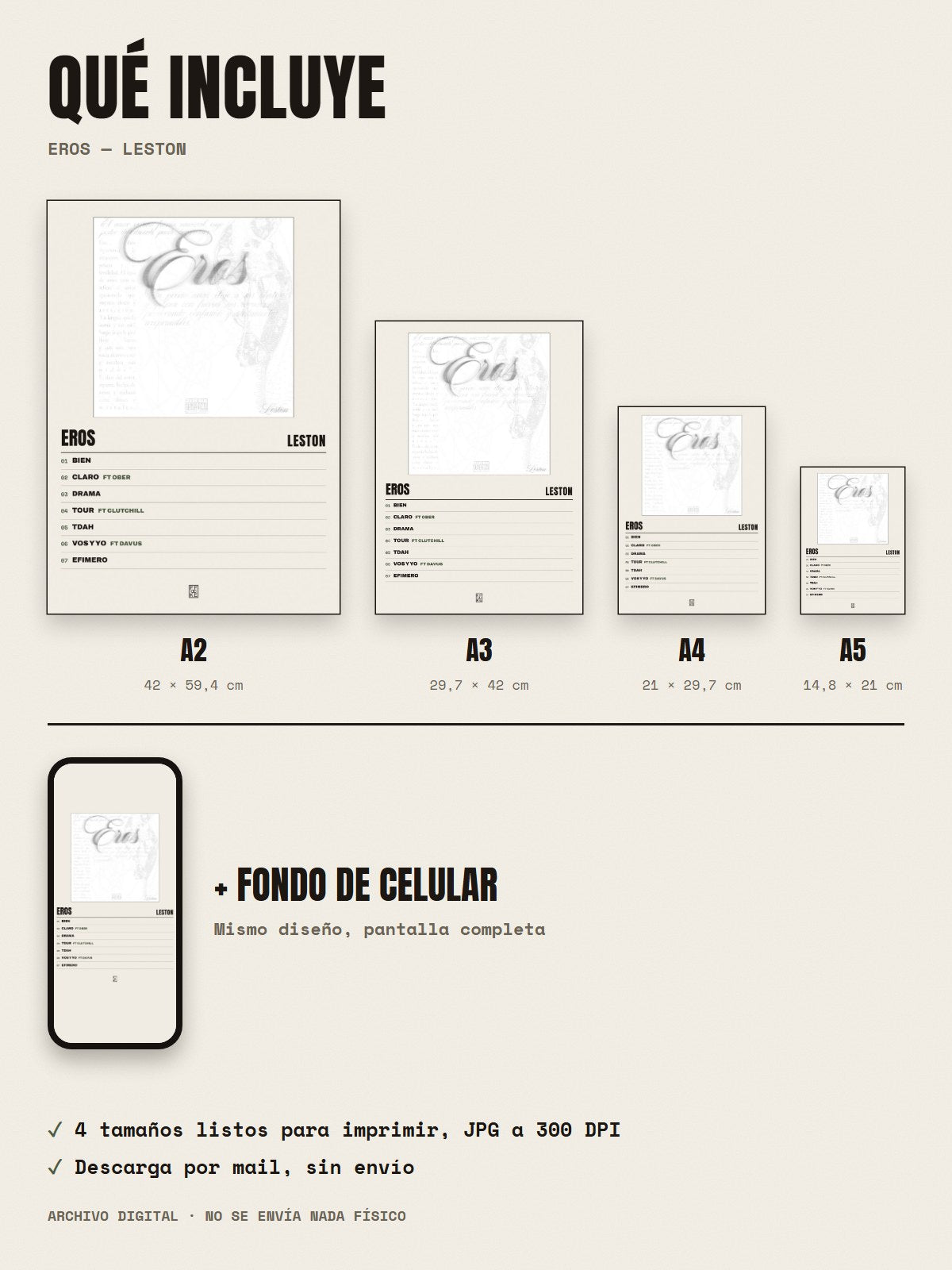 Qué incluye el póster de Eros de Leston: A2, A3, A4, A5 y fondo de celular