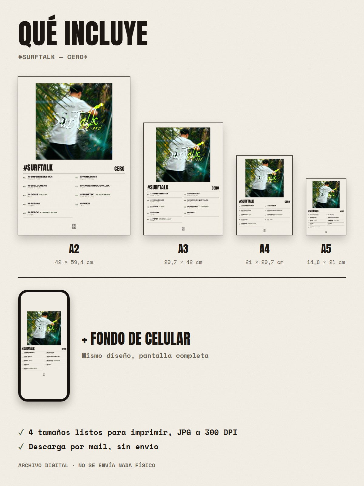 Qué incluye el póster de #SurfTalk de cero*: A2, A3, A4, A5 y fondo de celular