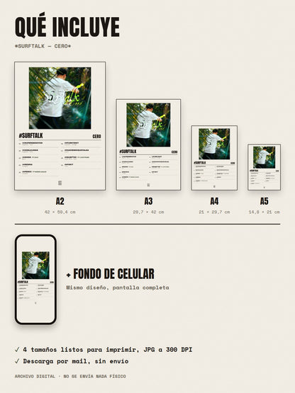 Qué incluye el póster de #SurfTalk de cero*: A2, A3, A4, A5 y fondo de celular