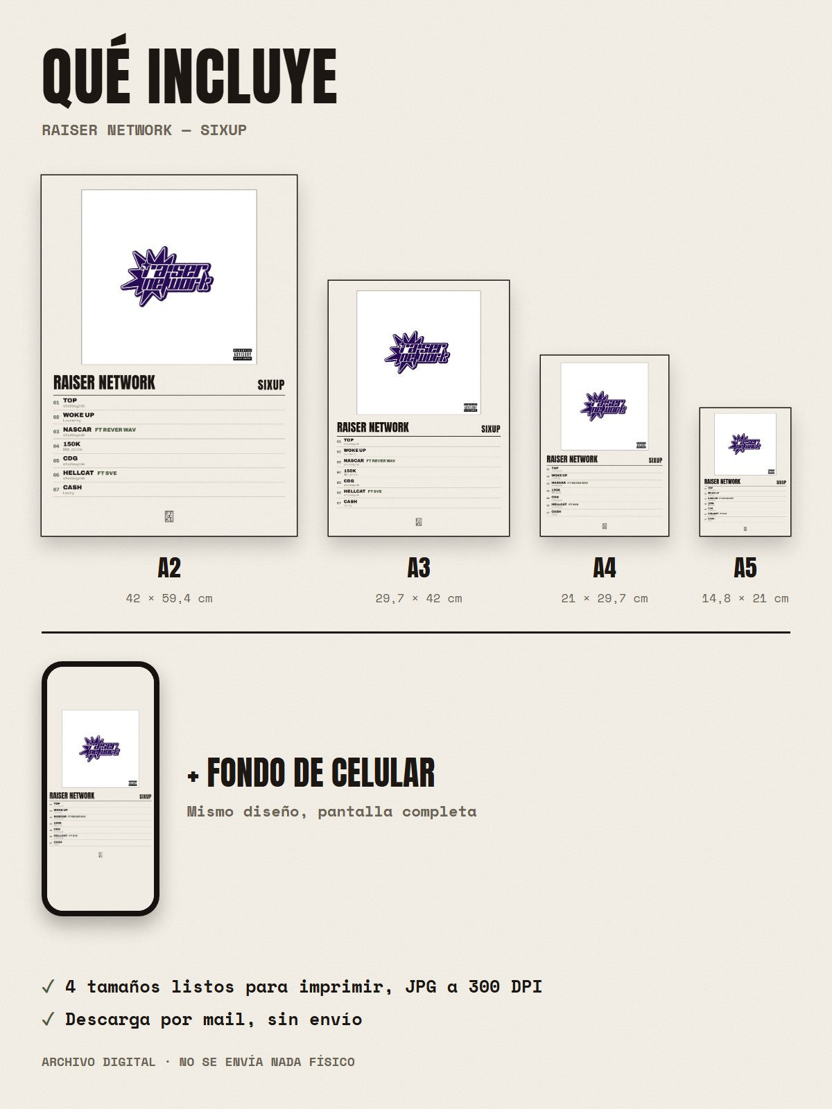 Qué incluye el póster de Raiser Network de SixUp: A2, A3, A4, A5 y fondo de celular