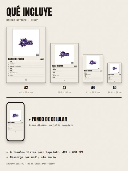 Qué incluye el póster de Raiser Network de SixUp: A2, A3, A4, A5 y fondo de celular