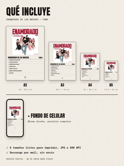 Qué incluye el póster de ENAMORADO DE LAS WACHAS de tuw4: A2, A3, A4, A5 y fondo de celular