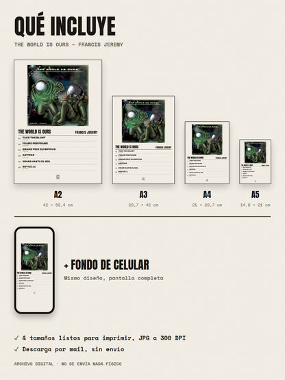 Qué incluye el póster de The World Is Ours de Francis Jeremy: A2, A3, A4, A5 y fondo de celular