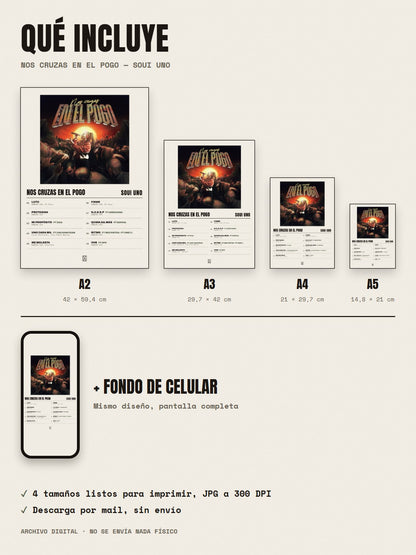 Qué incluye el póster de NOS CRUZAS EN EL POGO de Soui Uno: A2, A3, A4, A5 y fondo de celular