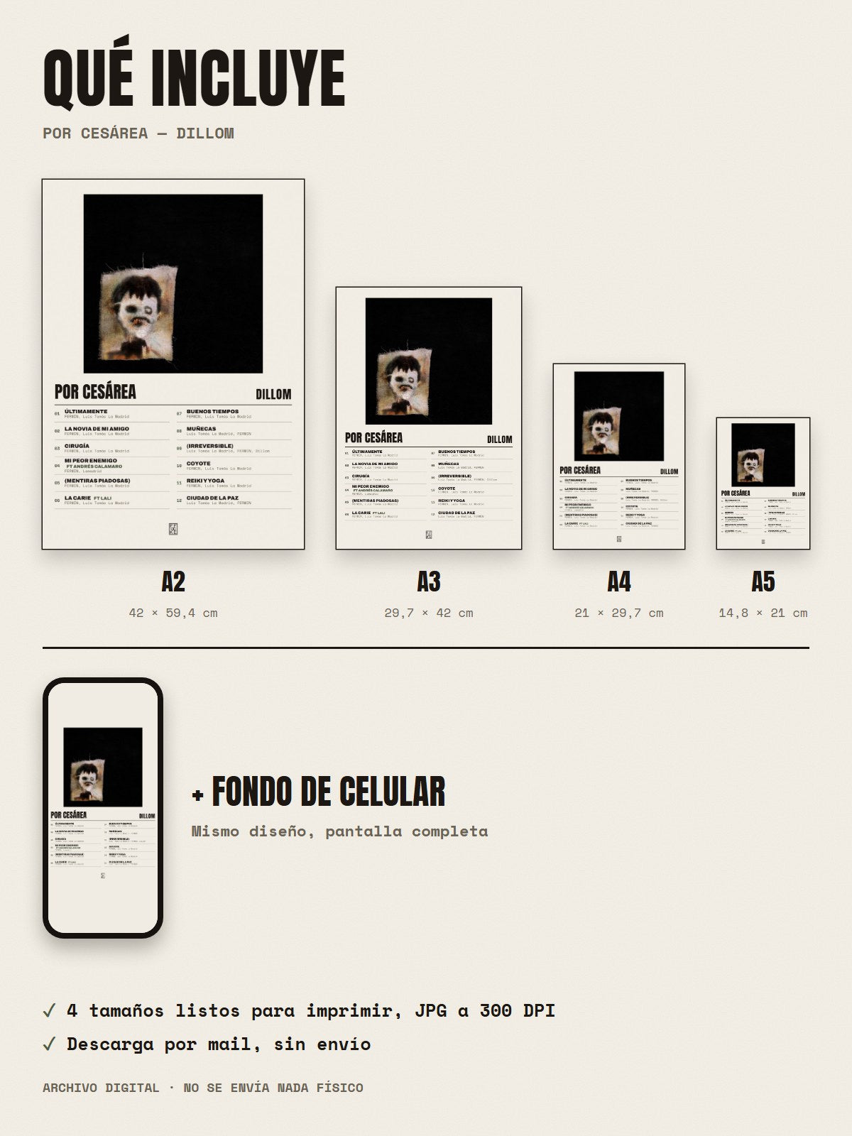 Qué incluye el póster de Por cesárea de Dillom: A2, A3, A4, A5 y fondo de celular